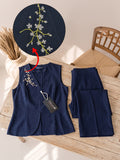 Women’s Solid Navy Blue Linen Co-Ord Set with Sleeveless V-Neck Top & Wide-Leg Pants