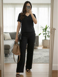 Women's Two Piece Set, Black, V-Neck Top with Wide Leg Trousers, Short Sleeve