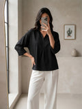 Women’s Black Viscose Shirt Style Top | Collared Neck Full Sleeve Relaxed Fit Tunic | Elegant Casual Wear