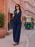 Women’s Solid Navy Blue Linen Co-Ord Set with Sleeveless V-Neck Top & Wide-Leg Pants