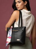 Women’s Black PU Leather Tote Bag with Printed Scarf | Stylish Shoulder Handbag