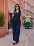 Women’s Solid Navy Blue Linen Co-Ord Set with Sleeveless V-Neck Top & Wide-Leg Pants