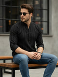100% Cotton Black Mens Strip Full Sleeve Kurta