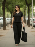 Women's Two Piece Set, Black, V-Neck Top with Wide Leg Trousers, Short Sleeve