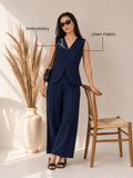 Women’s Solid Navy Blue Linen Co-Ord Set with Sleeveless V-Neck Top & Wide-Leg Pants
