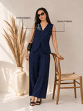 Women’s Solid Navy Blue Linen Co-Ord Set with Sleeveless V-Neck Top & Wide-Leg Pants