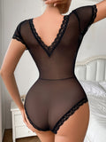 Women’s Black Sheer Robe Lingerie Set with Lace Trim and Satin Belt ( RDB41 )