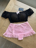 Women’s Black Off-Shoulder Crop Top and Pink Ruffle Mini Skirt Lingerie Set ( RDB28 )