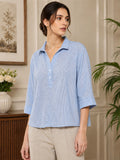 Women’s Pure Cotton Striped Collared Top | 3/4 Sleeve Relaxed Fit Casual & Office Wear Shirt