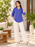 Women’s Royal Blue Rayon 3/4 Sleeve Button-Detail Top