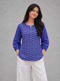 Women’s Pure Cotton Printed Top – Royal Blue 3/4 Sleeve Casual Tunic with Front Buttons