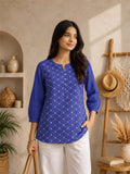 Women’s Pure Cotton Printed Top – Blue Ethnic Pattern, 3/4 Sleeve Casual Tunic