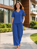 Women’s Royal Blue Cotton Linen V-Neck Half Sleeve Co-Ord Top