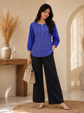Women’s Pure Cotton Printed Top – Royal Blue 3/4 Sleeve Casual Tunic with Front Buttons