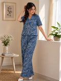 Women’s Linen Printed Co-Ord Set with Short Sleeve Top & Wide-Leg Pants