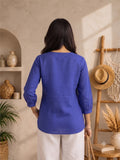 Women’s Pure Cotton Printed Top – Blue Ethnic Pattern, 3/4 Sleeve Casual Tunic