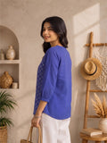 Women’s Pure Cotton Printed Top – Blue Ethnic Pattern, 3/4 Sleeve Casual Tunic