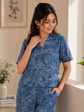 Women’s Linen Printed Co-Ord Set with Short Sleeve Top & Wide-Leg Pants