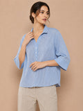 Women’s Pure Cotton Striped Collared Top | 3/4 Sleeve Relaxed Fit Casual & Office Wear Shirt