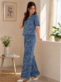 Women’s Linen Printed Co-Ord Set with Short Sleeve Top & Wide-Leg Pants