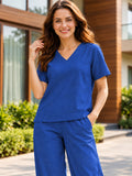 Women’s Royal Blue Cotton Linen V-Neck Half Sleeve Co-Ord Top