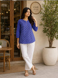 Women’s Pure Cotton Printed Top – Blue Ethnic Pattern, 3/4 Sleeve Casual Tunic