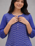 Women’s Pure Cotton Printed Top – Royal Blue 3/4 Sleeve Casual Tunic with Front Buttons
