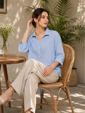 Women’s Pure Cotton Striped Collared Top | 3/4 Sleeve Relaxed Fit Casual & Office Wear Shirt