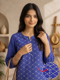 Women’s Pure Cotton Printed Top – Blue Ethnic Pattern, 3/4 Sleeve Casual Tunic