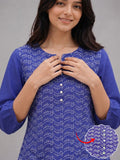 Women’s Pure Cotton Printed Top – Royal Blue 3/4 Sleeve Casual Tunic with Front Buttons