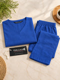 Women’s Royal Blue Cotton Linen V-Neck Half Sleeve Co-Ord Top