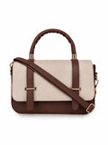 Women’s Elegant PU Leather Handbag | Stylish Brown & Cream Structured Shoulder Bag