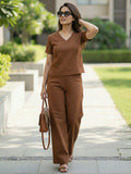 Women's Two Piece Set, Brown, V-Neck Top with Wide Leg Trousers, Short Sleeve