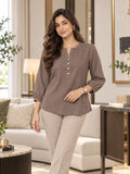 Women’s Brown Rayon 3/4 Sleeve Button-Detail Top