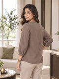 Women’s Brown Rayon 3/4 Sleeve Button-Detail Top