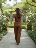 Women's Two Piece Set, Brown, V-Neck Top with Wide Leg Trousers, Short Sleeve