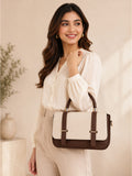 Women’s Elegant PU Leather Handbag | Stylish Brown & Cream Structured Shoulder Bag