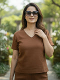 Women's Two Piece Set, Brown, V-Neck Top with Wide Leg Trousers, Short Sleeve