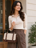 Women’s Elegant PU Leather Handbag | Stylish Brown & Cream Structured Shoulder Bag