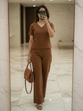 Women's Two Piece Set, Brown, V-Neck Top with Wide Leg Trousers, Short Sleeve