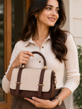 Women’s Elegant PU Leather Handbag | Stylish Brown & Cream Structured Shoulder Bag