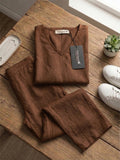 Women's Two Piece Set, Brown, V-Neck Top with Wide Leg Trousers, Short Sleeve