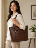 Women’s Brown PU Leather Tote Handbag | Spacious Shoulder & Carry Bag with Multiple Pockets