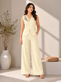 Women’s Cream Cotton Linen Sleeveless Embroidered Waistcoat and Wide-Leg Trouser Co-Ord Set