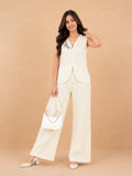 Women’s Cream Linen Co-Ord Set with Sleeveless V-Neck Top & Wide-Leg Pants