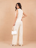 Women’s Cream Linen Co-Ord Set with Sleeveless V-Neck Top & Wide-Leg Pants