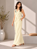 Women’s Cream Cotton Linen Sleeveless Embroidered Waistcoat and Wide-Leg Trouser Co-Ord Set