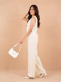 Women’s Cream Linen Co-Ord Set with Sleeveless V-Neck Top & Wide-Leg Pants