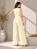Women’s Cream Cotton Linen Sleeveless Embroidered Waistcoat and Wide-Leg Trouser Co-Ord Set