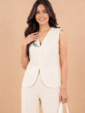 Women’s Cream Linen Co-Ord Set with Sleeveless V-Neck Top & Wide-Leg Pants